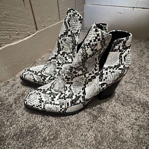 Women's Black and White Snake Print Ankle Boots
